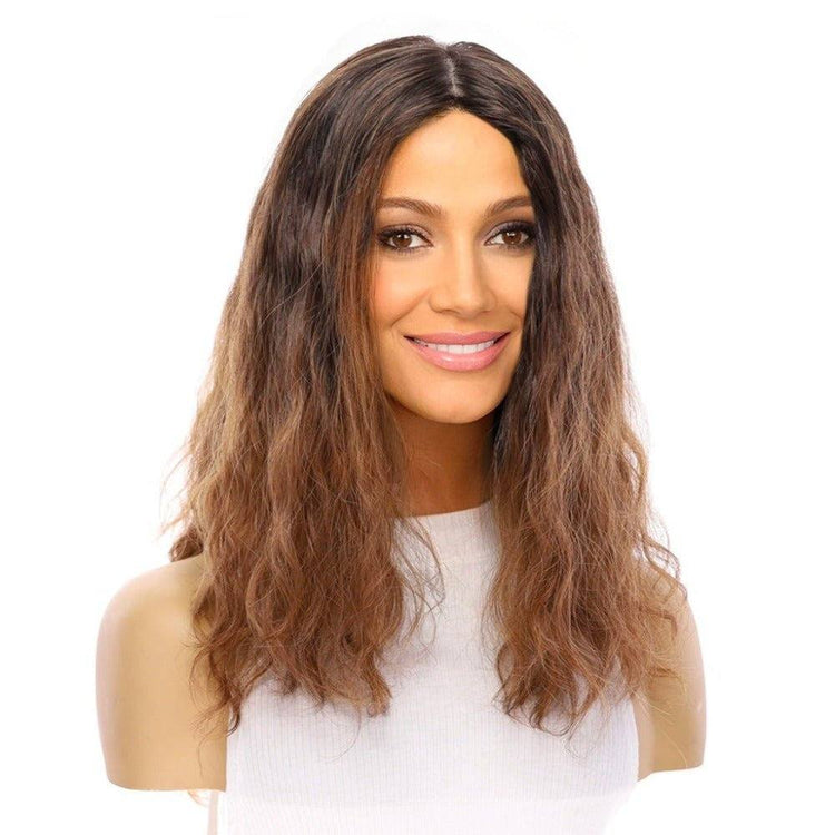 22" Ponytail Silk Part Wig Dark Brown Ombre Wavy