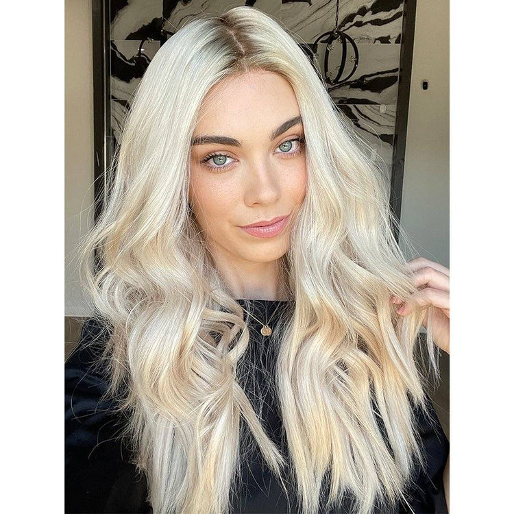 26" Ponytail Silk Top Wig Ice Blonde w/ Rooting