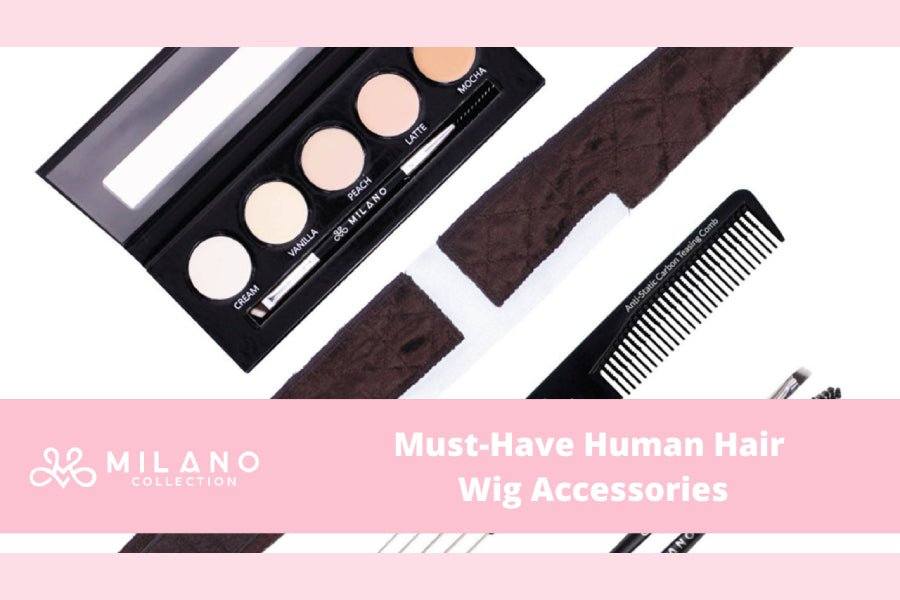 Wig accessories flat lay: Milano palette in Cream to Mocha shades, brown quilted band, anti-static carbon teasing comb