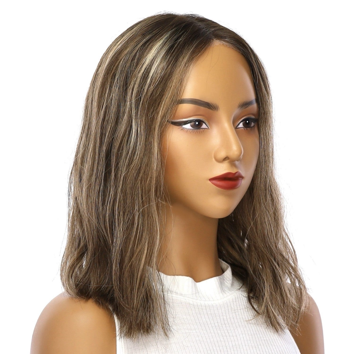 16" Divine Lace Top Wig Medium Brown w/ Highlights Wavy