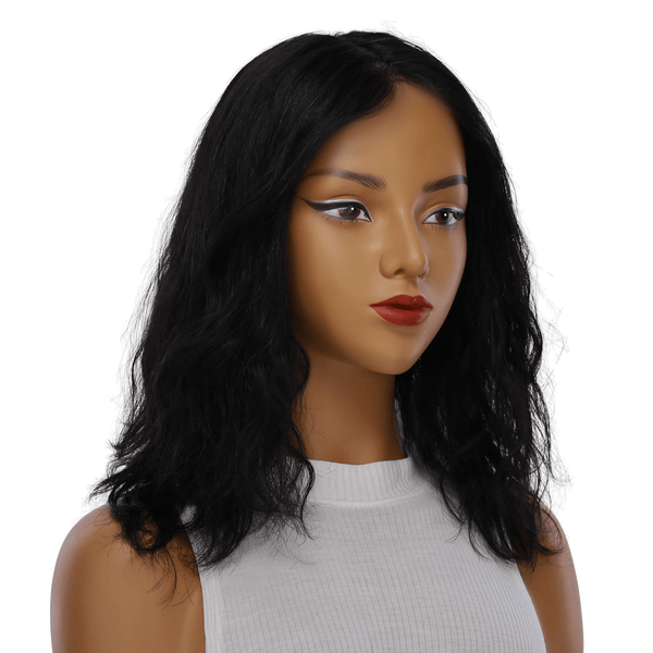 16" Ponytail Silk Part Wig Jet Black Wavy