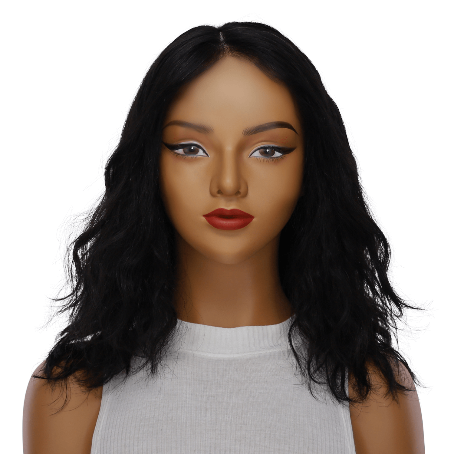 16" Ponytail Silk Part Wig Jet Black Wavy