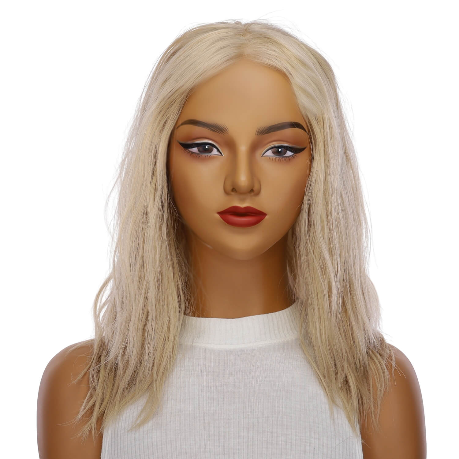 16" Ponytail Silk Part Wig Beige Blonde w/ No Rooting Wavy