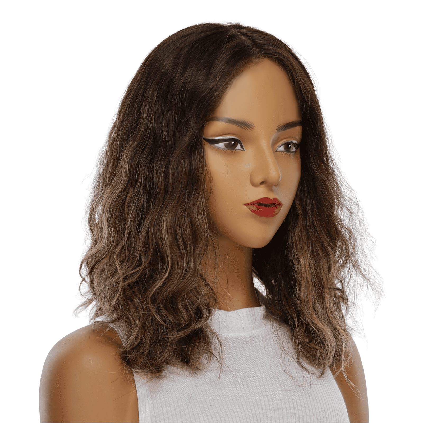 16" Ponytail Silk Part Wig Dark Brown Balayage Wavy