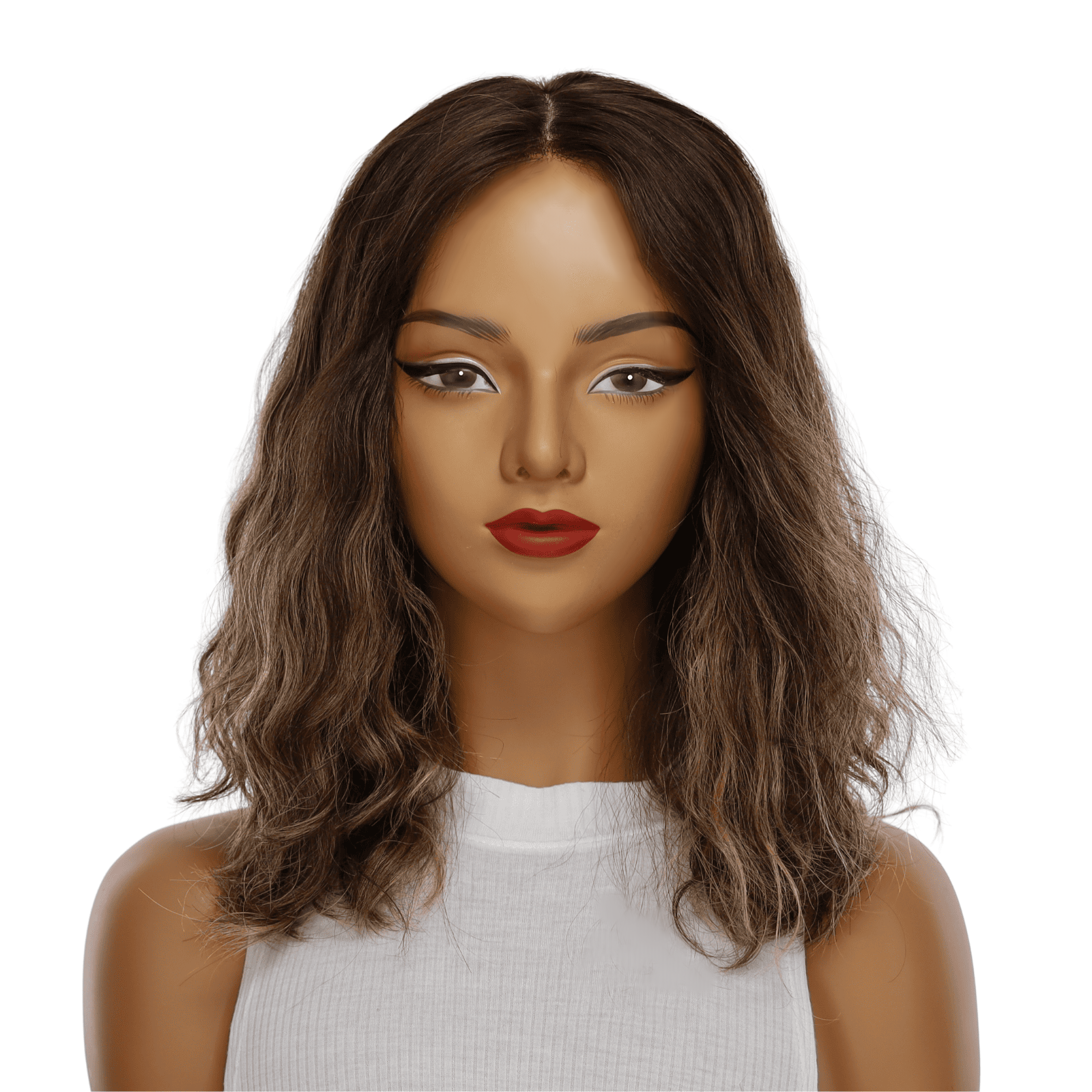 16" Ponytail Silk Part Wig Dark Brown Balayage Wavy