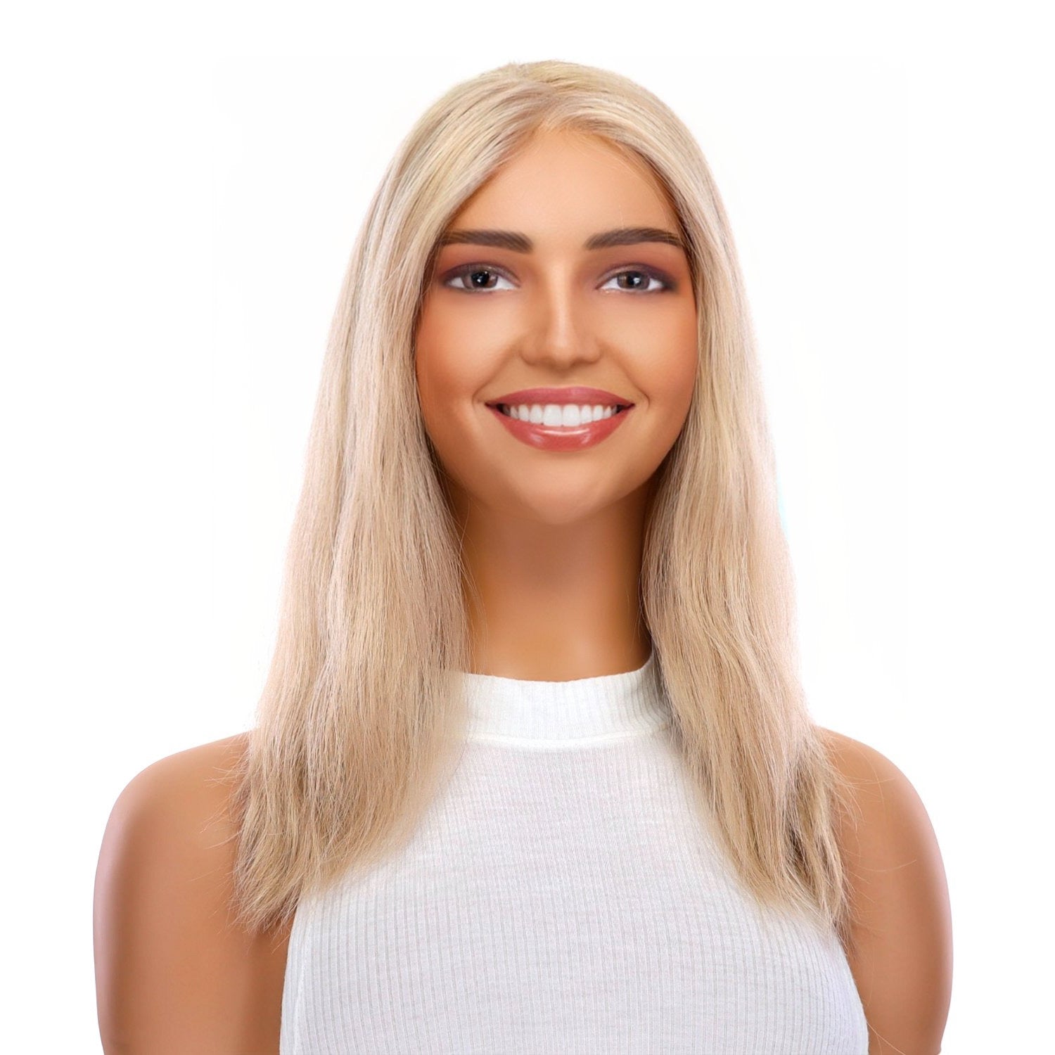 16" Ponytail Silk Part Wig Platinum Blonde w/ No Rooting Wavy