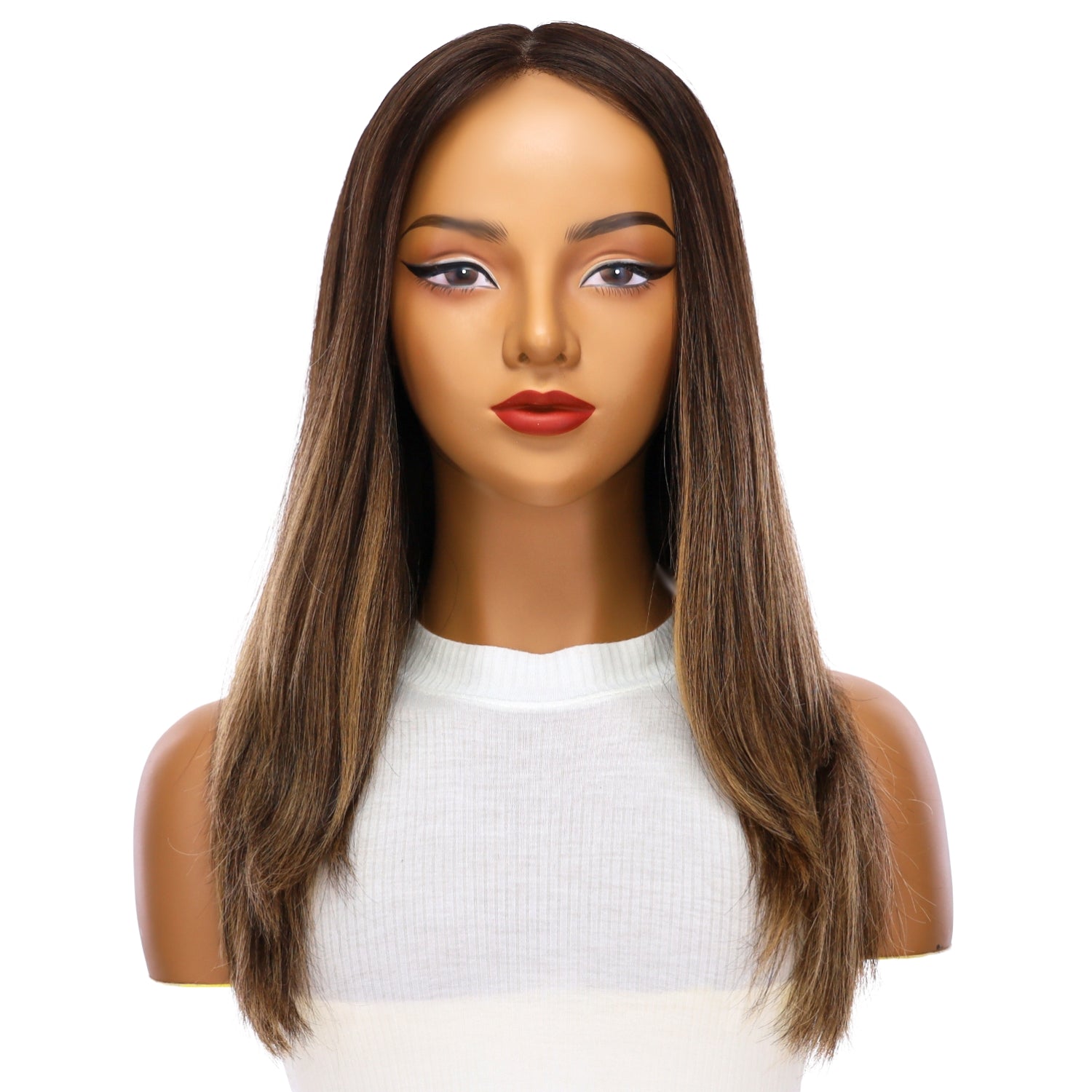 22" Ponytail Silk Part Wig Dark Brown Balayage