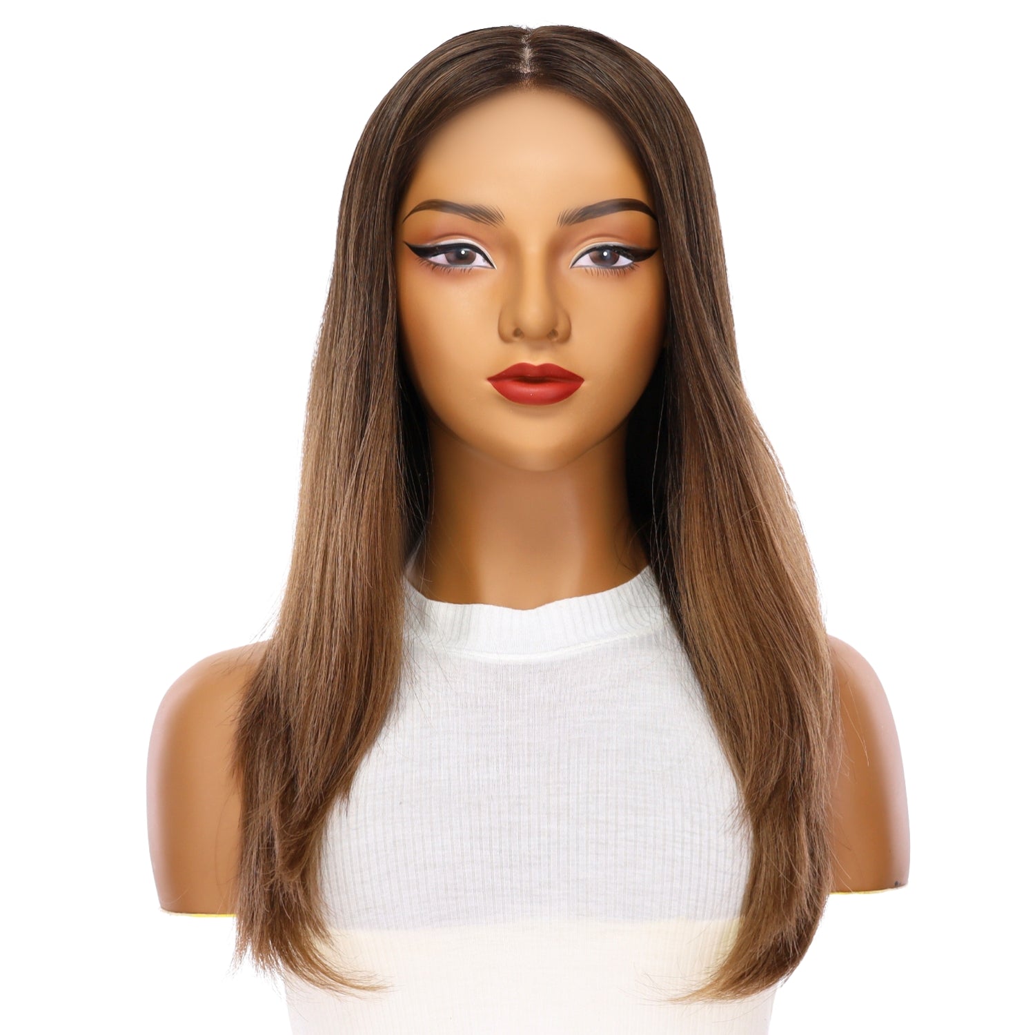 22" Ponytail Silk Part Wig Dark Brown Ombre