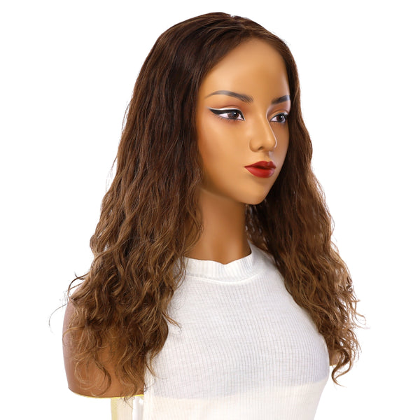 22" Ponytail Silk Part Wig Medium Brown Balayage Wavy