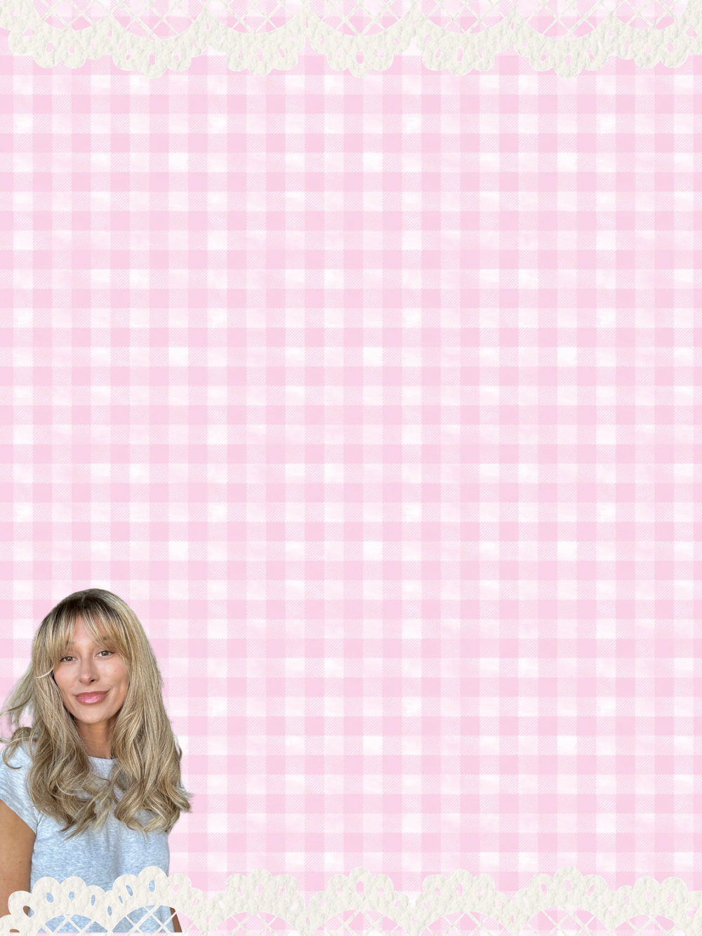 Woman standing in front of a pink and white checkered background