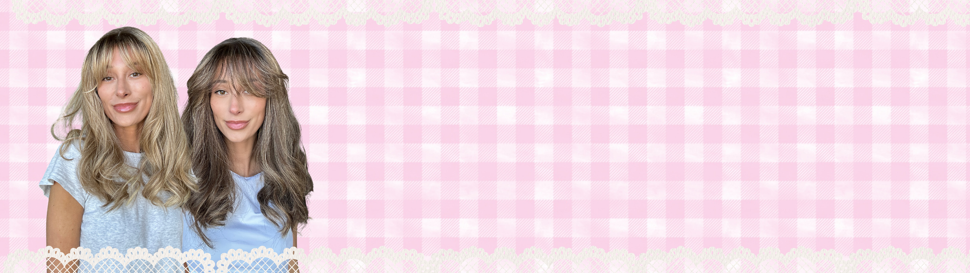 Two women standing side by side against a pink and white checkered background