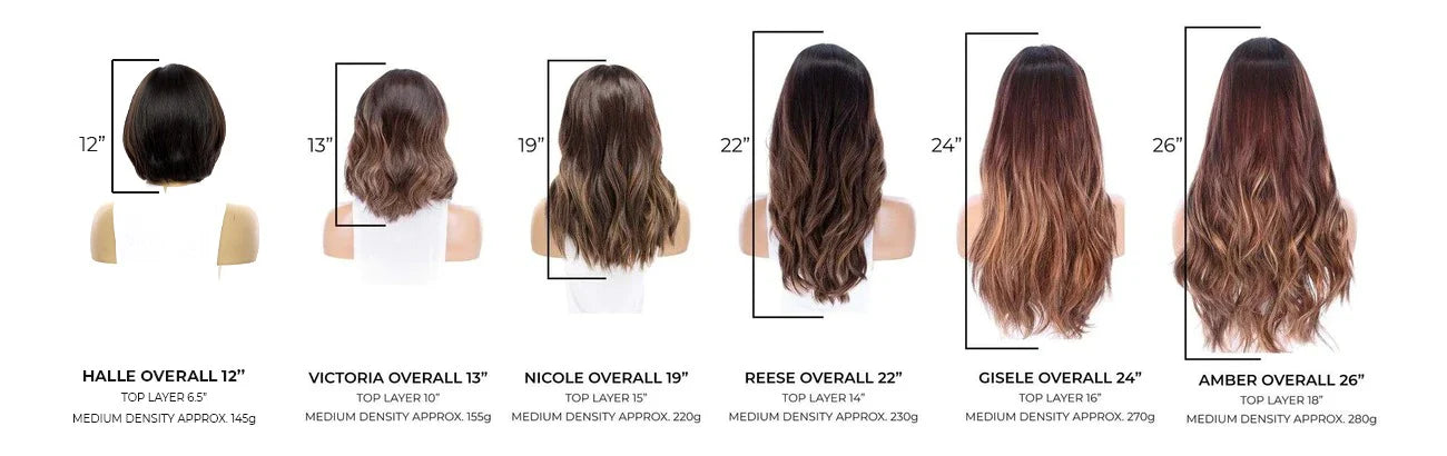 Hair extensions with measurements and styles displayed on a white background