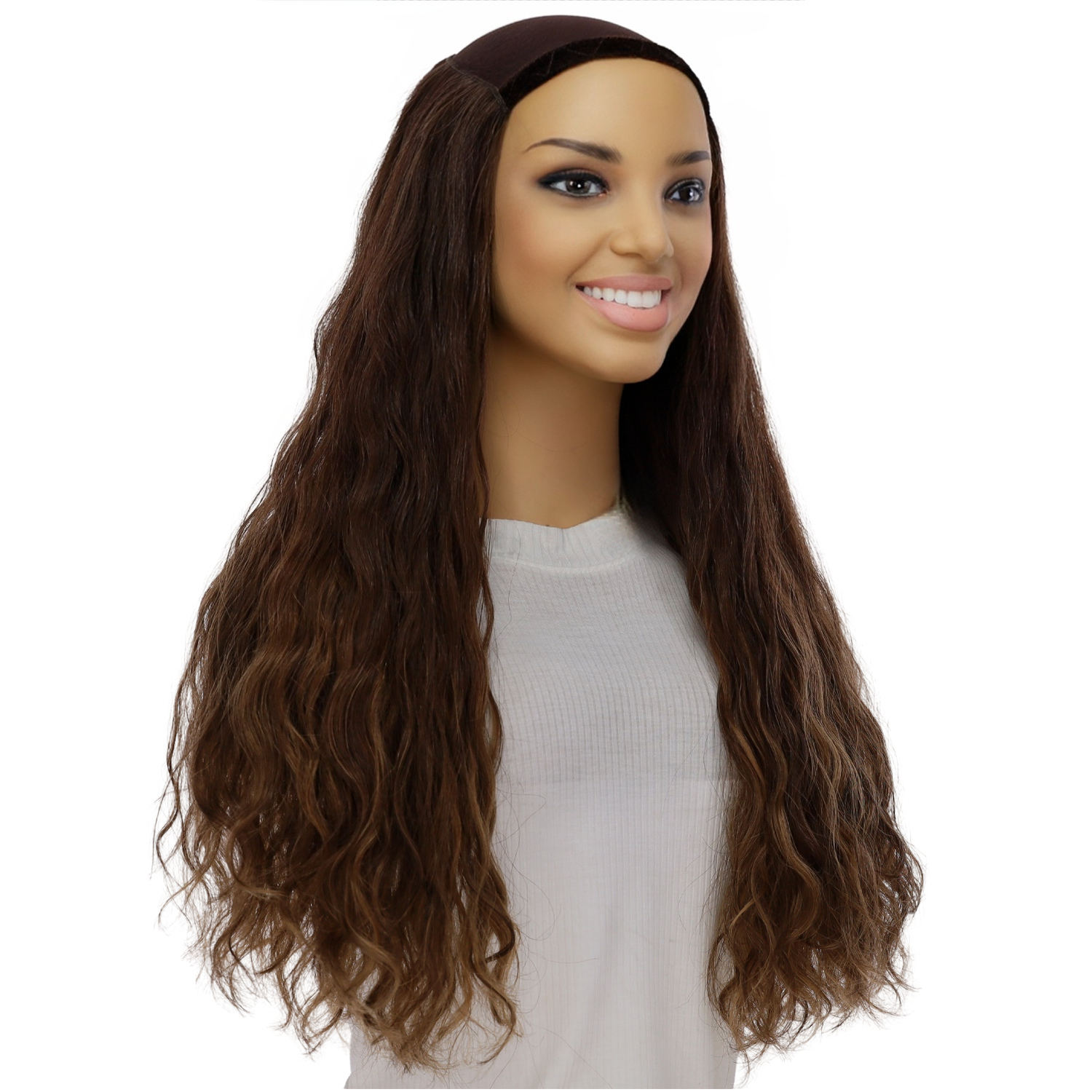24" HatFall Wig Layered Medium Brown Balayage Wavy