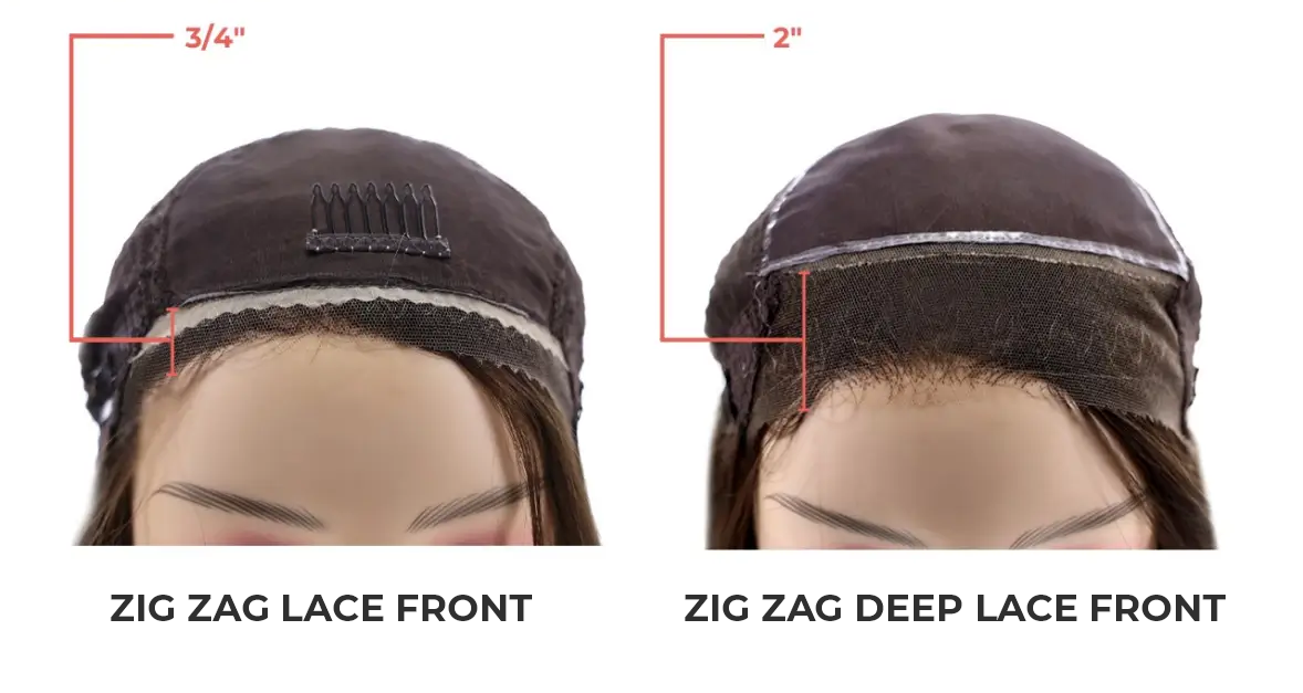 Comparison of zigzag lace front and zigzag deep lace front hair styles on mannequin heads with measurements.