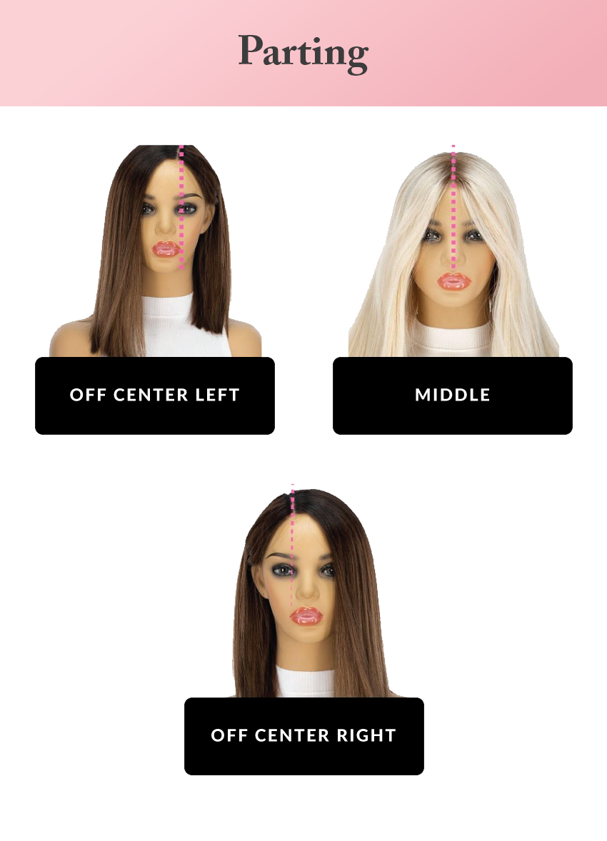 Three mannequin heads with different hair parting styles on a white background.