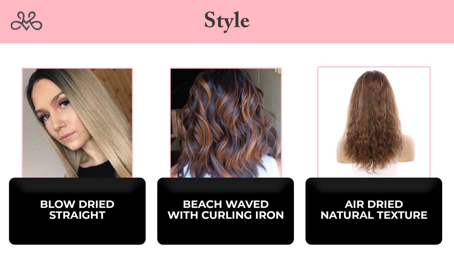 Hair styling options with images and text labels on a pink and white background