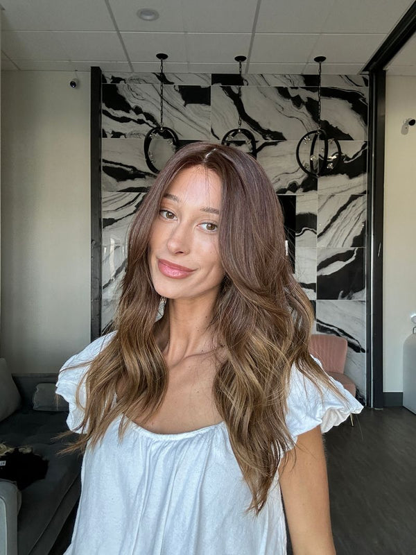 Grace Silk Top Wig Medium Brown Balayage w/ Curtain Bangs - 22" Reese