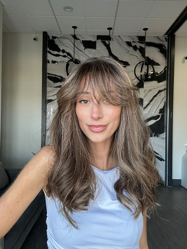 20" Divine Lace Top Wig Dark Brown w/ Highlights & Bangs