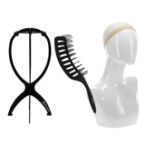 Value Pack :14" Halo Plastic Wig Stand with 9 Pack Nude Nylon Wig Caps and Gentle Brush Black