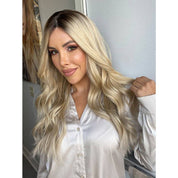 26" Amber Silk Top Wig Ash Blonde w/ Rooting Color Service