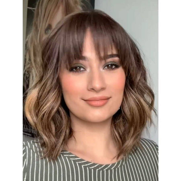 Grace Silk Top Wig Medium Brown Balayage w/ Partial Rooting & Bangs
