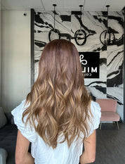22" Reese Silk Top Wig Medium Brown Balayage w/ Curtain Bangs
