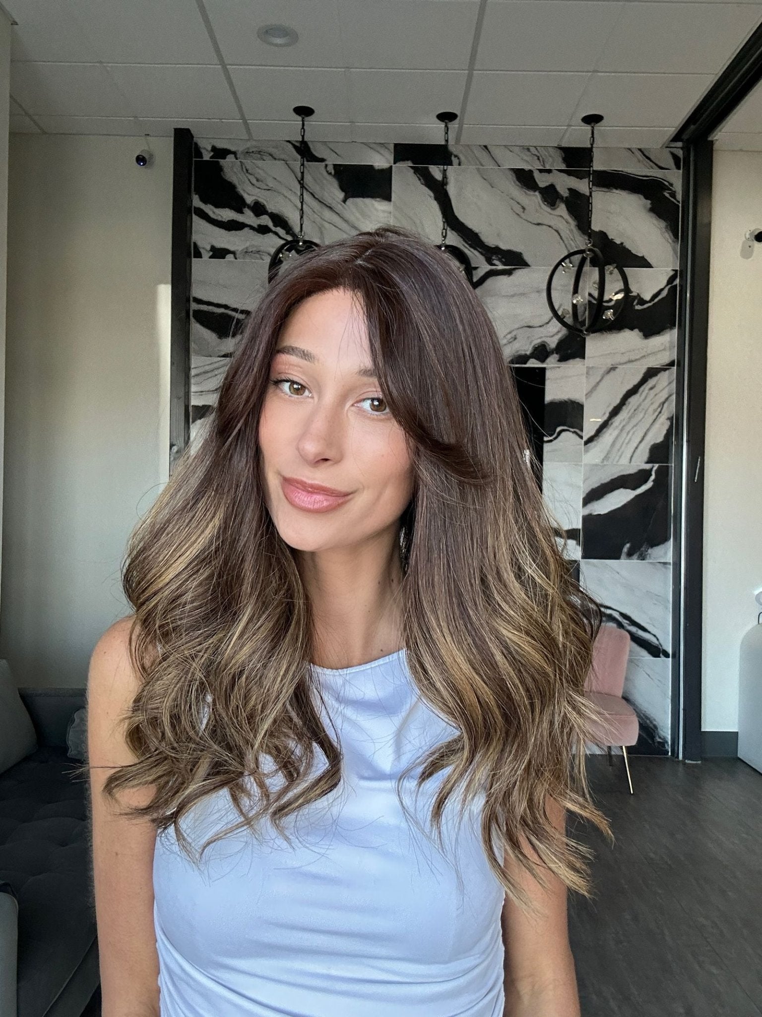Grace Silk Top Wig Dark Brown Balayage w/ Curtain Bangs - 22" Reese