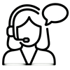 Outline of a person wearing a headset with a speech bubble, indicating customer service or support.
