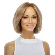 12" Luxe Pixie Silk Top Wig #12 Warm Light Brown Wavy w/ Highlights