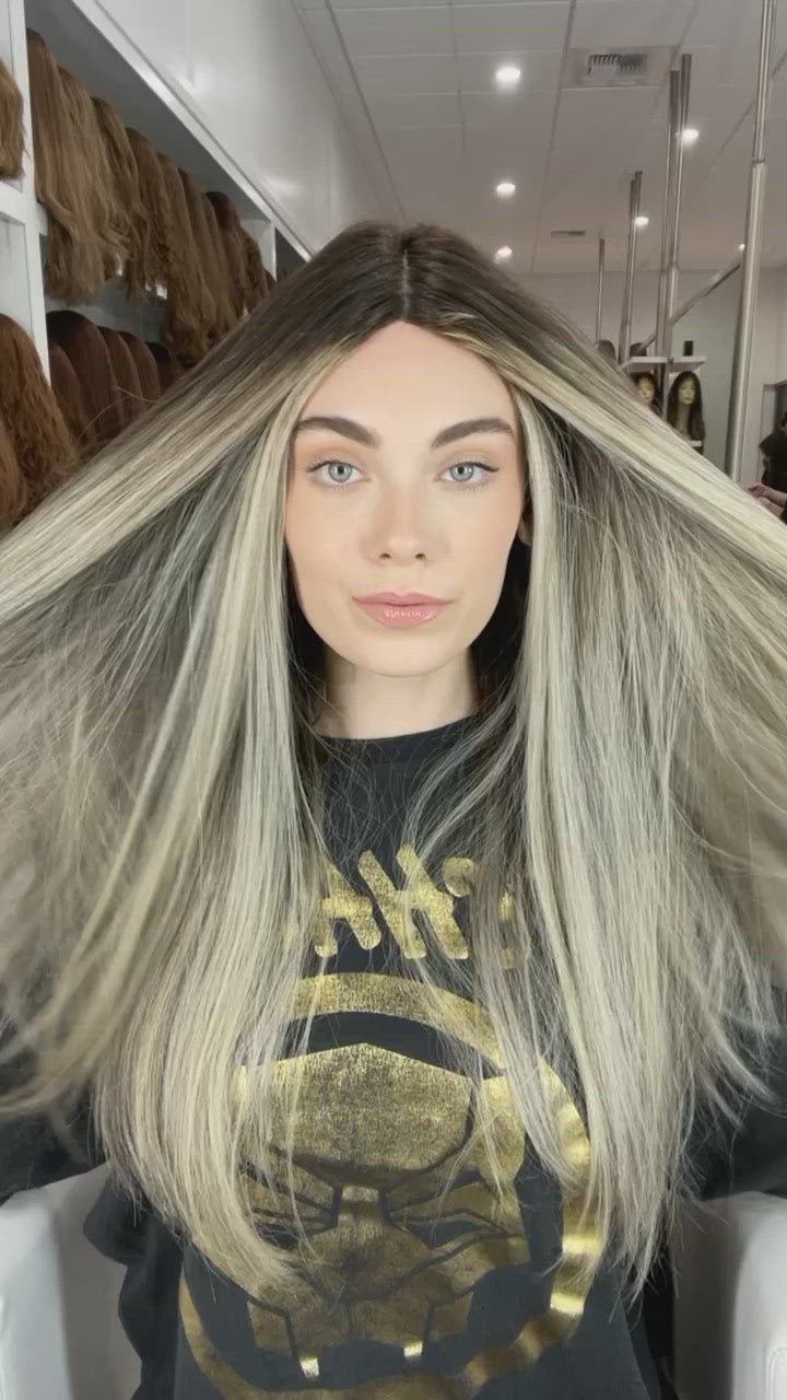 26" Ponytail Silk Top Wig Ash Blonde w/ Reverse Balayage