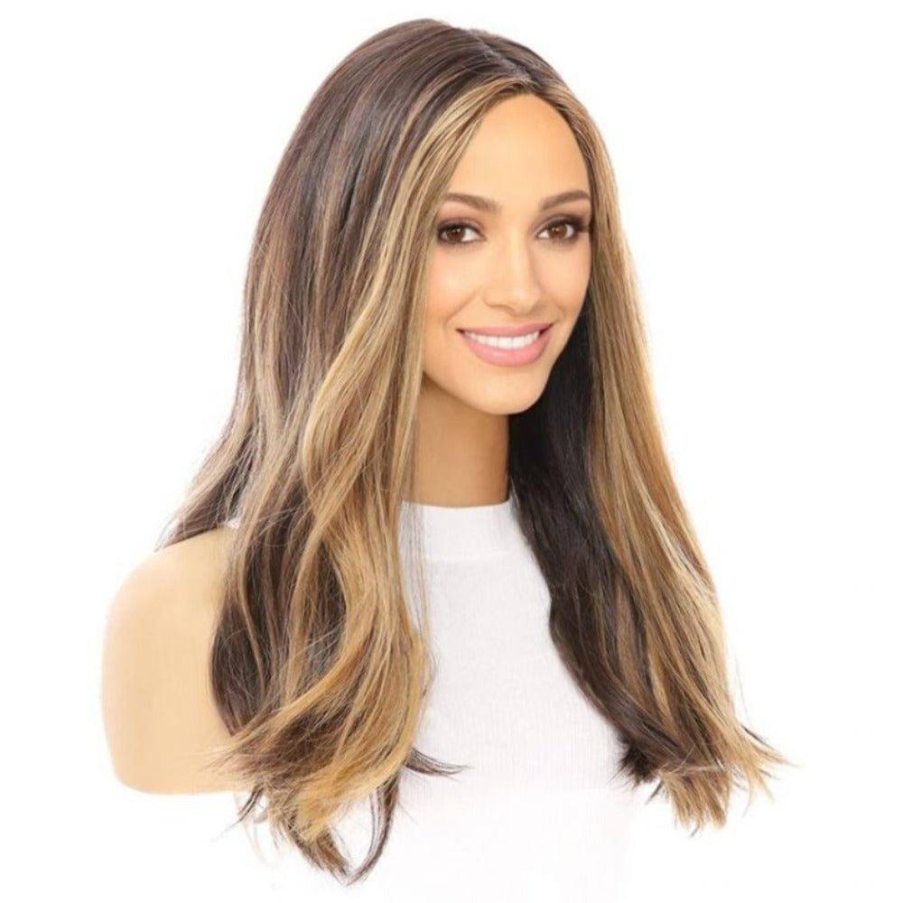 20" Luxe Silk Top Wig #Dark Brown w/ Honey Blonde Balayage, Face Framing & Money Pieces