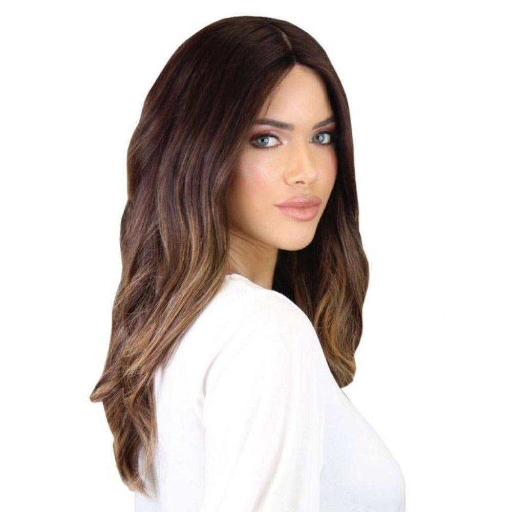 22" Ponytail Silk Part Wig Dark Brown Balayage w/ Mini Highlight