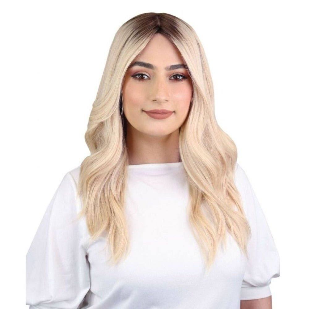 22" Ponytail Silk Part Wig Platinum Blonde w/ Full Rooting