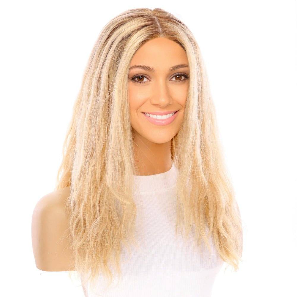 22" Ponytail Silk Part Wig Golden Blonde Wavy