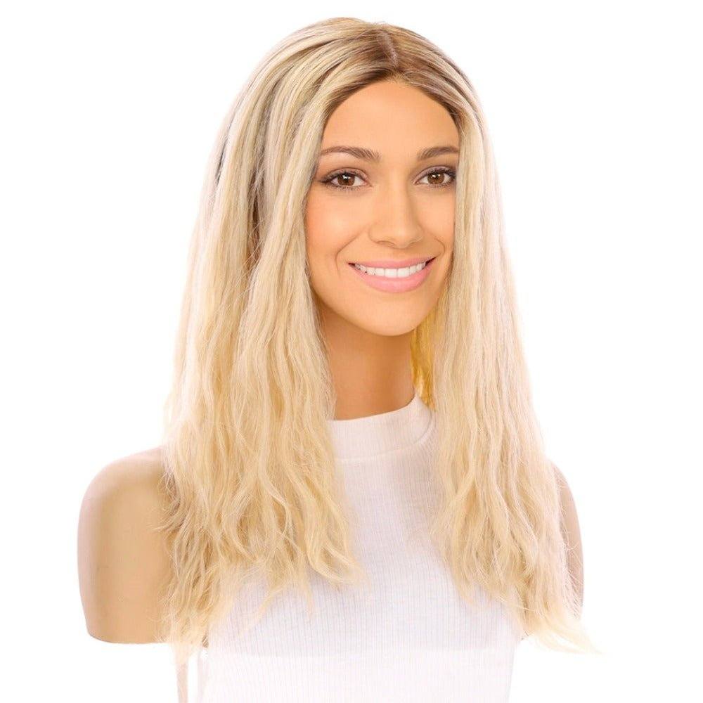 22" Ponytail Silk Part Wig Platinum Blonde Wavy