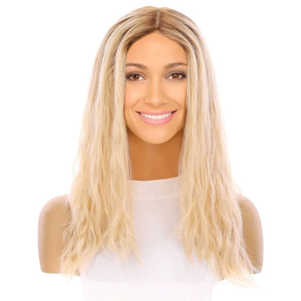 22" Ponytail Silk Part Wig Platinum Blonde Wavy