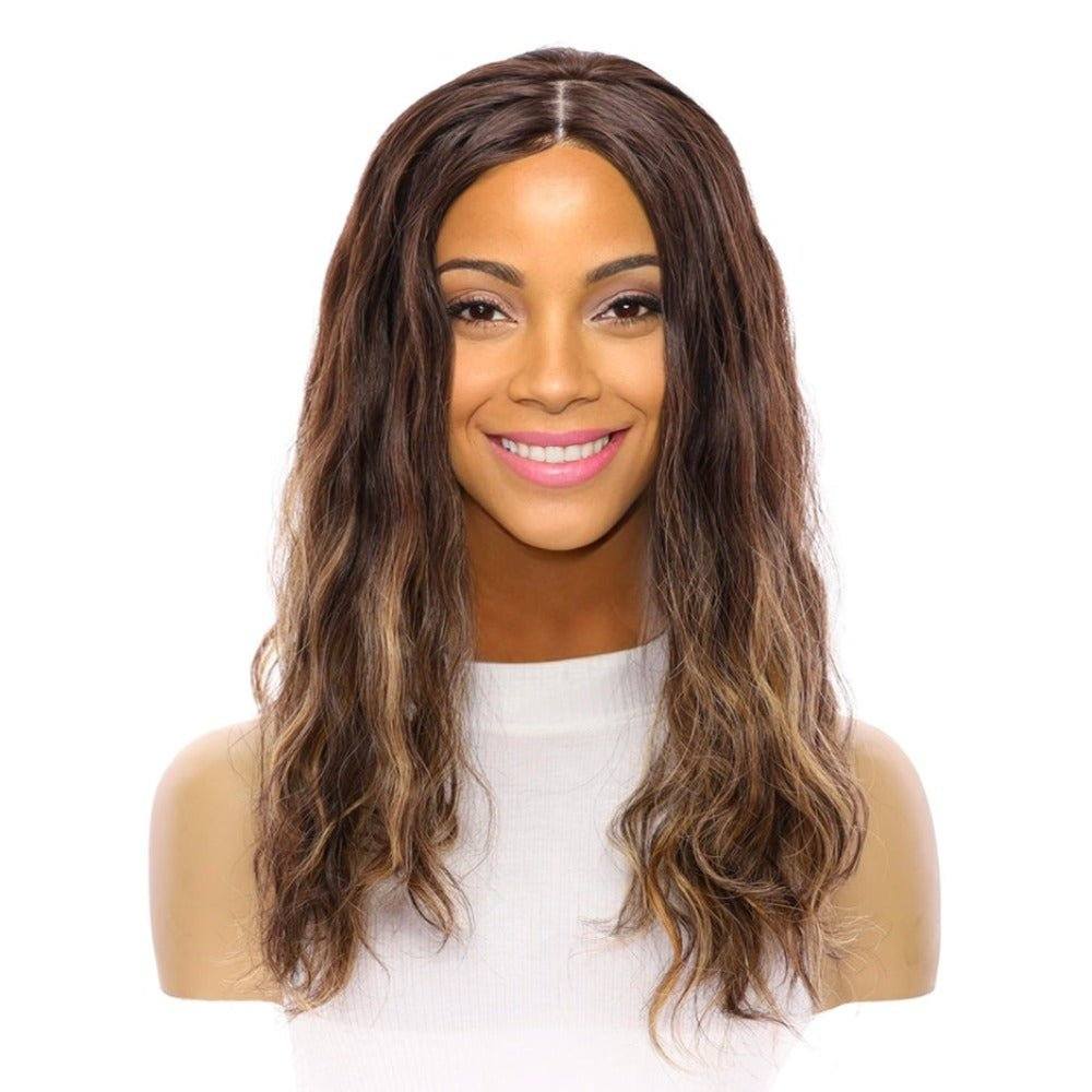 22" Ponytail Silk Part Wig Dark Brown Balayage Wavy