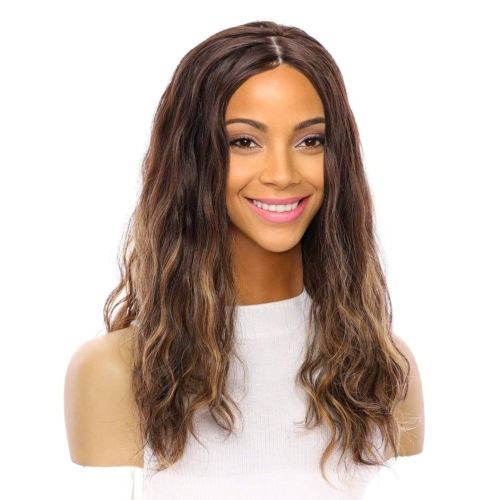 22" Ponytail Silk Part Wig Dark Brown Balayage Wavy