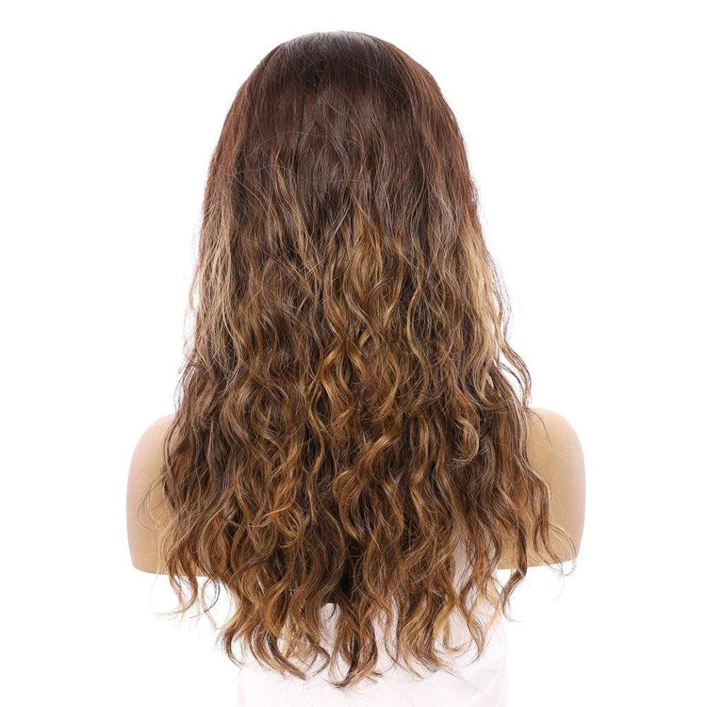 22" Ponytail Silk Part Wig Dark Brown Balayage Wavy