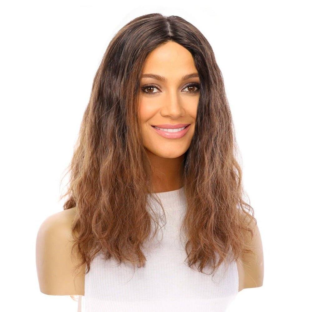 22" Ponytail Silk Part Wig Dark Brown Ombre Wavy