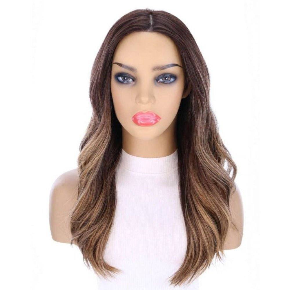 22" Ponytail Silk Part Wig Dark Brown Balayage w/ Mini Highlight
