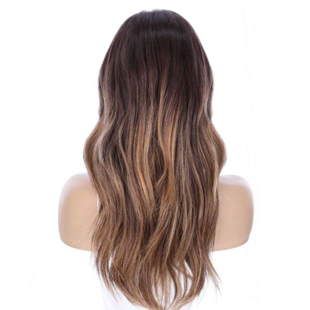 22" Ponytail Silk Part Wig Dark Brown Balayage w/ Mini Highlight