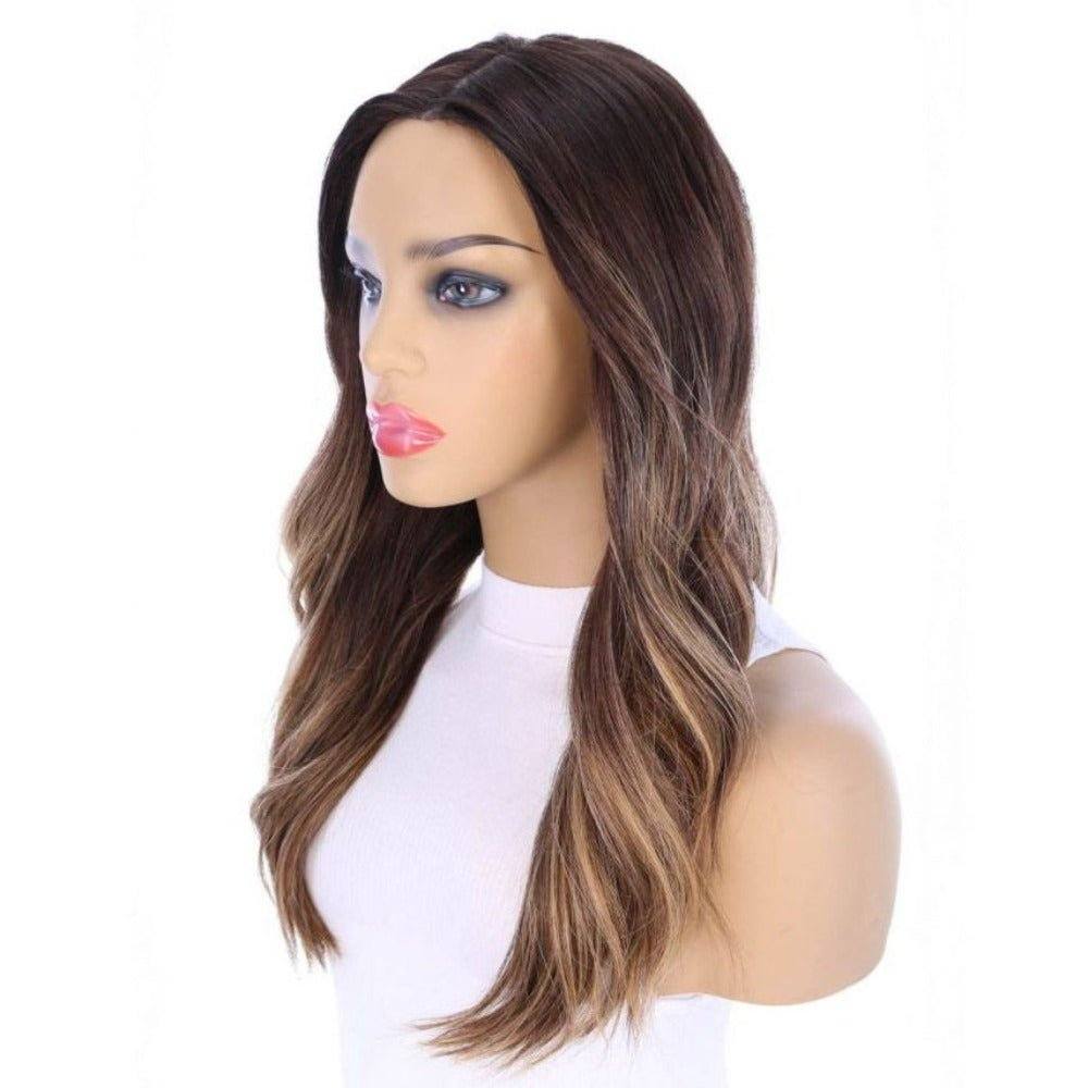 22" Ponytail Silk Part Wig Dark Brown Balayage w/ Mini Highlight