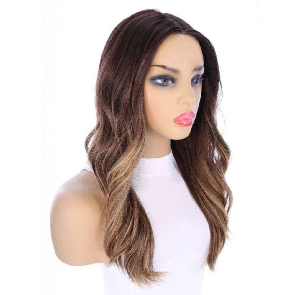 22" Ponytail Silk Part Wig Dark Brown Balayage w/ Mini Highlight
