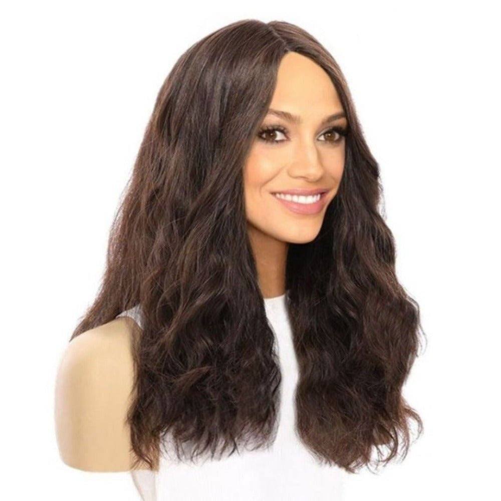 22" Ponytail Silk Part Wig Dark Brown Wavy