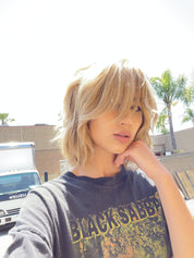 12" Luxe Pixie Silk Top Wig #12 Warm Light Brown Wavy w/ Full Highlight & Bang Cut