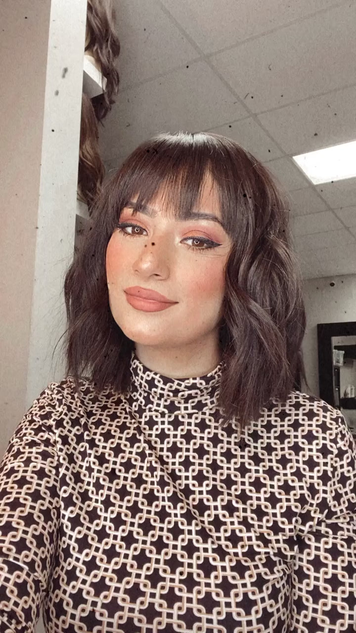 16" Luxe Silk Top Wig #4 Dark Brown Wavy w/ Wispy Bangs