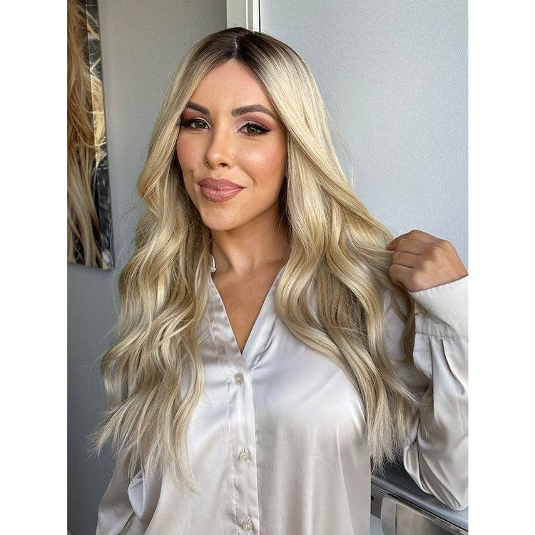 26" Amber Silk Top Wig Ash Blonde w/ Rooting Color Service