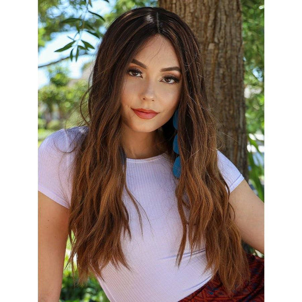 26" Ponytail Silk Top Wig Medium Brown Balayage w/ Full Rooting