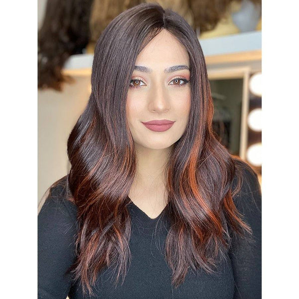 22" Ponytail Silk Part Wig Soft Black w/ Copper Balayage
